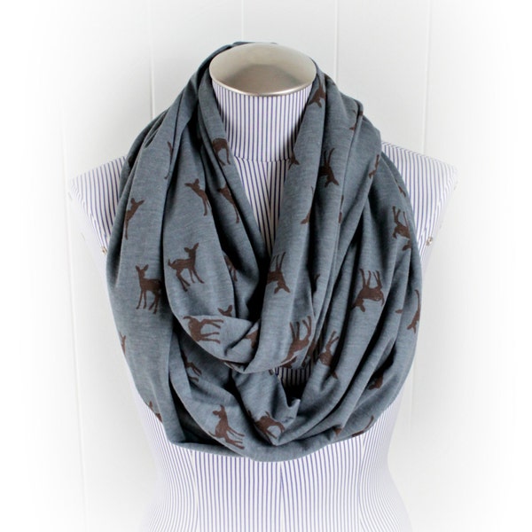 RESERVED for Bridget Deer Print Infinity Scarf, Woodland Silhouette Fawn Print in Charocal Gray and Chocolate Brown Fashion accessory
