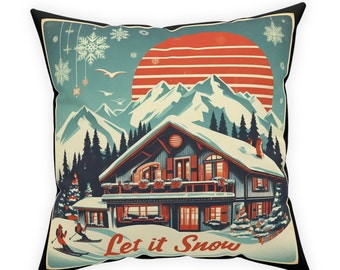 Free US shipping, Ski Chalet Let It Snow Broadcloth Pillow, Mountain Resort, Black, Orange, and Blue Winter bedroom or living room accent