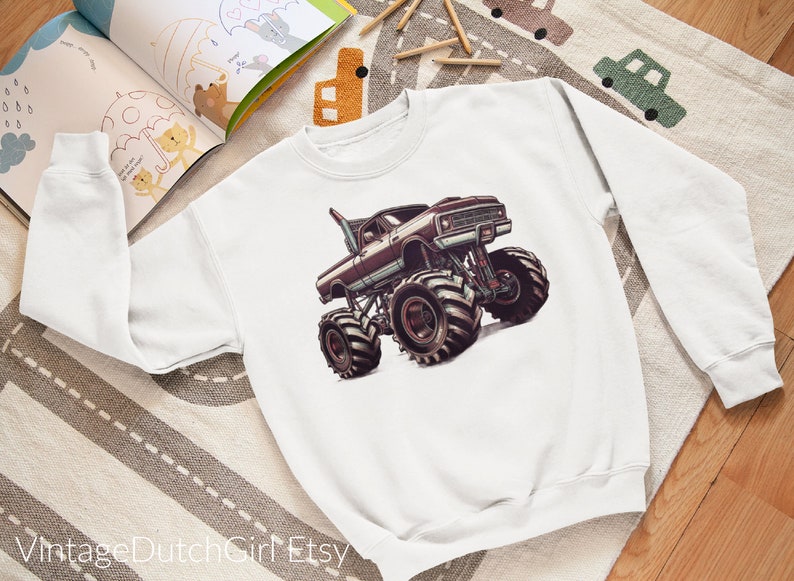 Monster Truck Sweatshirt, Unisex Youth Crewneck, BigFoot loving kid, gift idea from grandparents, daily casual wear children, Youth sizing image 1