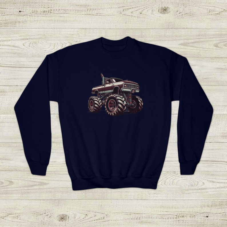 Monster Truck Sweatshirt, Unisex Youth Crewneck, BigFoot loving kid, gift idea from grandparents, daily casual wear children, Youth sizing image 5