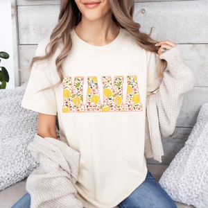Lemon MAMA Unisex Jersey Short Sleeve Tee, Casual attire t shirt spring pattern letters, peach pink flowers, citrus & leaves, Mom gift idea Natural