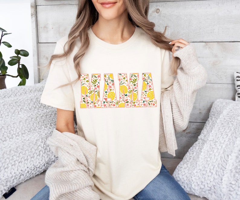 Lemon MAMA Unisex Jersey Short Sleeve Tee, Casual attire t shirt spring pattern letters, peach pink flowers, citrus & leaves, Mom gift idea Natural