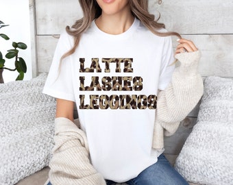 Latte Lashes Leggings T shirt, jersey, Unisex, Trendy Leopard print chic women's style, eyelashes and coffee comfy clothes, daily wear tee