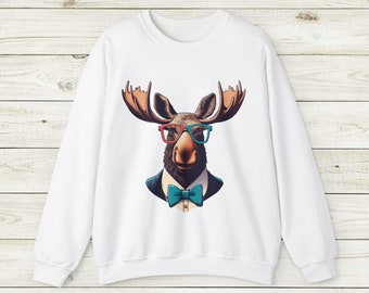 Monty the Moose Unisex Crewneck Sweatshirt, Gift for Mom or dad, animal rescue farm, hobby farm, glasses, fun and quirky trendy animal top