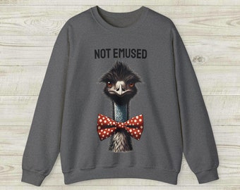 Emu not Emused Unisex Crewneck Sweatshirt, festive emu bird with polka dot bowtie, Ugly sweater for holidays, farm theme clothes, bird shirt