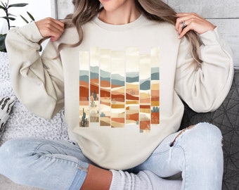 Desert Offset Sweatshirt, Crewneck Unisex, Modern Boho Chic style, wanderlust free spirit fashion, flower child vibes, southwest earthy hues