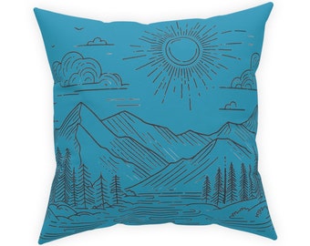 Mountain Landscape Turquoise Blue Broadcloth Pillow and Insert for home decoration, children bedroom accessory, boy active bed throw pillow