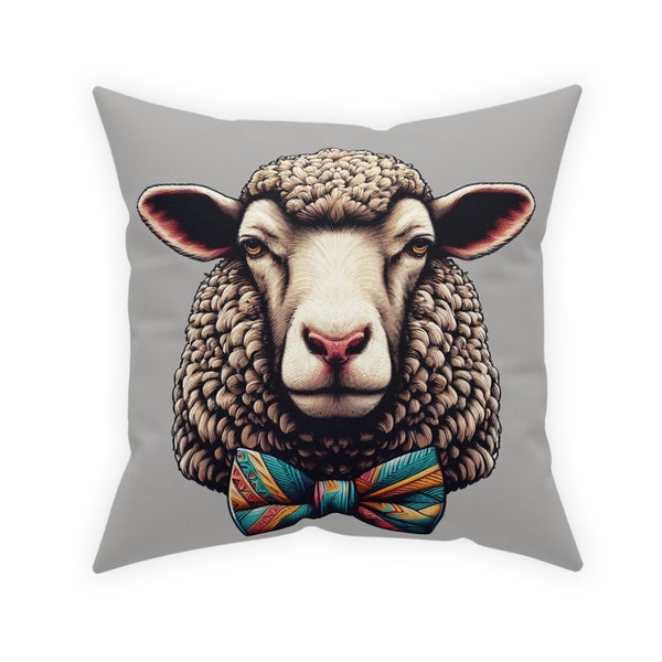 Free US shipping, Sheep Broadcloth Pillow, wearing striped colorful bow tie, funny bedroom accent, light gray background, farm theme