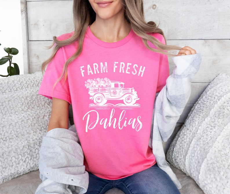 Farm Fresh Dahlias Unisex Jersey Short Sleeve Tee, Casual t shirt, spring summer garden vibes, Old Truck flower blossom delivery logo Charity Pink