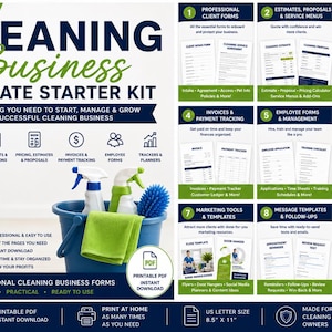 May include: A 55-page cleaning business ultimate starter kit bundle featuring professional client forms, checklists, invoices, and marketing templates. The image displays a blue bucket with cleaning supplies and nine numbered sections.