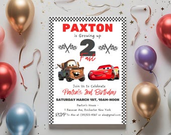Invitation voitures imprimables/modifiables, invitation Lightning Mcqueen/Mator, 2e anniversaire fête d'anniversaire, modèle d'invitation de course rapide Growing 2
