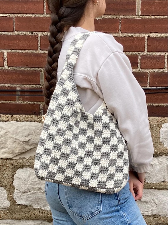 Gray and White Crochet Checkerboard Tote Bag | Colorful  display picture 1