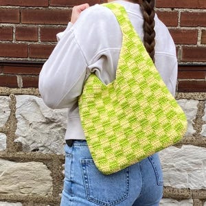 Neon Green + Yellow Crochet Checkerboard Tote Bag | Colorful Handmade Checkered Shoulder Bag