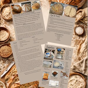 May include: A detailed overhead shot of a sourdough bread recipe guide with various ingredients and baked bread. The guide includes text, images of bread, and a list of supplies. The background features bread, flour, and wheat.