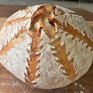 May include: A round loaf of freshly baked bread with a golden-brown crust and a white, floury exterior. The bread has decorative cuts on the surface. The bread is sitting on a wooden cutting board.