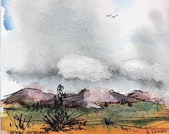 Desert Afternoon--Line and Wash watercolor/original/contemporary wall art/gift for friend/ready to frame matted 8x10"/not a print