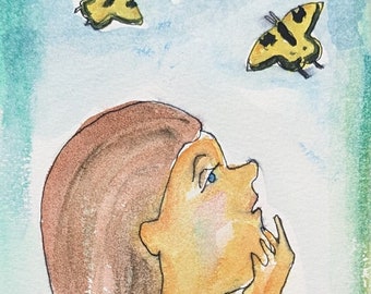 Butterfly Thoughts--Line and Wash watercolor original contemporary wall art/gift for friend/ready to frame matted 8x10"