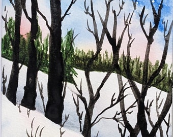 Snowy Forest--Line and Wash watercolor/original/contemporary wall art/gift/ready to frame/matted 8x10"/winter scene/Dave Callahan copy
