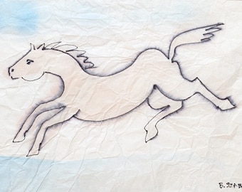 Horse with No Name--Line and wash Rice Paper on rag paper original contemporary wall art/gift for friend/ready to frame matted 8x10"