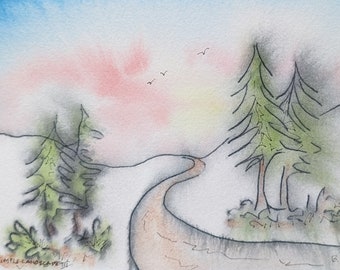 Simple Landscape III--watercolor and ink/wet in wet/original wall art/gift/inspiration/thoughtful/matted & framed 8x10"/not a print