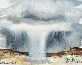 Desert Downpour--Line and Wash watercolor/original/contemporary wall art/gift for friend/ready to frame matted 8x10"/not a print