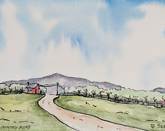 Country Road--Line and Wash watercolor/original/contemporary wall art/gift for friend/ready to frame matted 8x10"/not a print/rural