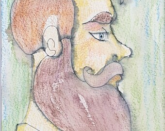 Dmitri--Line and Wash Watercolor original contemporary wall art/gift for friend/ready to frame matted 8x10" in ink and watercolor pencil