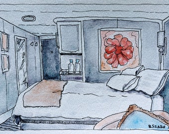 Oceania Vista Stateroom--watercolor and ink/original wall art/gift/thoughtful/matted & framed 8x10"/not a print/Nautical