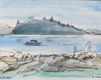 Salish Sea--Line and Wash watercolor original/contemporary wall art/gift for friend/ready to frame matted 8x10"/not a print/landscape