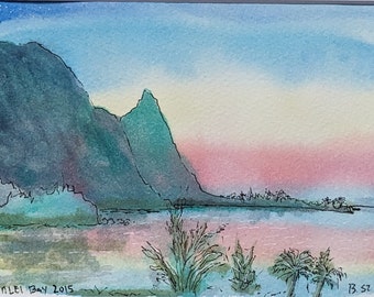 Hanalei Bay--Line and Wash watercolor original/contemporary wall art/gift for friend/ready to frame matted 8x10"/not a print/landscape