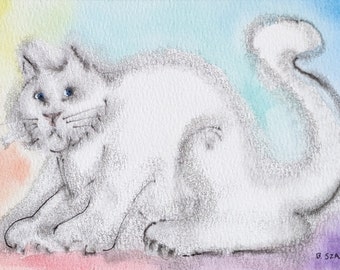 Rainbow Kitty--Line and Wash Watercolor Original/cats/contemporary cartoons/gift for friend/matted 8x10/not a print
