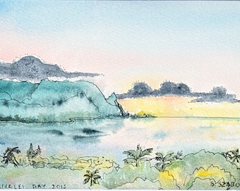 Hanalei Bay 2--Line and Wash watercolor original/contemporary wall art/gift for friend/ready to frame matted 8x10"/not a print/landscape