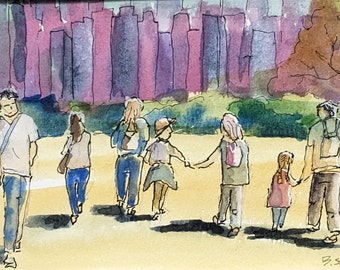 Tourists--Line and Wash watercolor original/contemporary wall art/gift for friend/ready to frame matted 8x10"/not a print/tourists