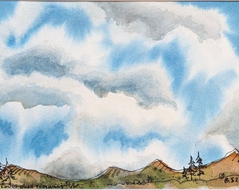 Clouds Over Foothills--Line and Wash watercolor original/contemporary wall art/gift for friend/ready to frame matted 8x10"/not a print