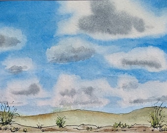 Cloudscape--Line and Wash watercolor original/contemporary wall art/gift for friend/ready to frame matted 8x10"/not a print