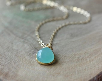 Aqua Blue Chalcedony Teardrop Pendant Necklace - Bezel Set Gemstone - 14K Golfilled