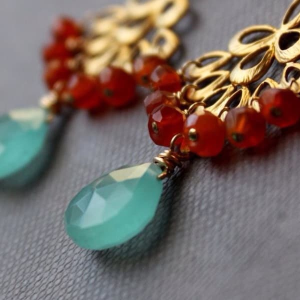 Aqua Blue Chalcedony, Carnelian Gold Earrings- Chandelier Earrings