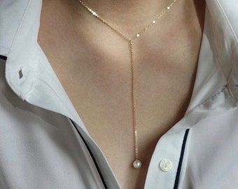 Pearl Y Necklace "Amélie"- Lariat style - 14K Goldfilled