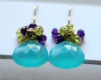 Aqua Blue Chalcedony, Amethyst and Peridot Cluster Earrings - 14K Goldfilled