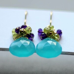 Aqua Blue Chalcedony, Amethyst and Peridot Cluster Earrings - 14K Goldfilled