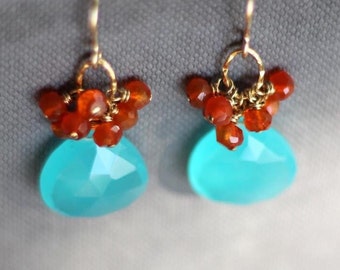 Aqua Blue Chalcedony, Carnelian Cluster Earrings - 14K Goldfilled