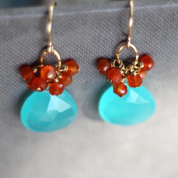 Aqua Blue Chalcedony, Carnelian Cluster Earrings - 14K Goldfilled