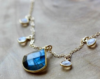 Labradorite, Moonstone Pendant Necklace- Bezel Set Gemstones - 14K Golfilled
