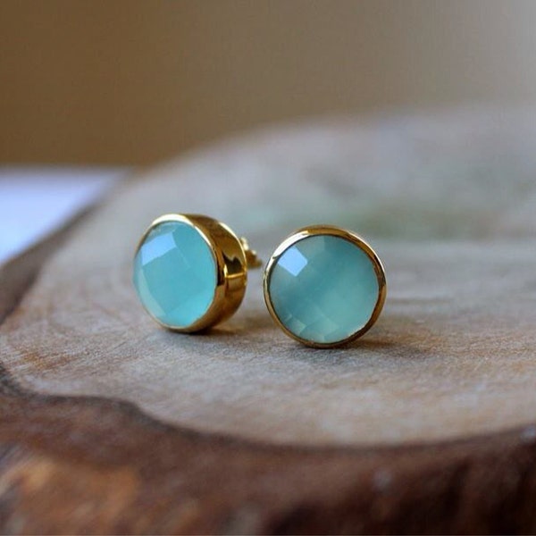 Aqua Blue Chalcedony Bezel Set Stud Post Earrings....LIMITED EDITION