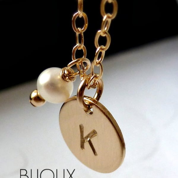 Initial Birthstone Disc Necklace - Pearl - 14K Goldfilled