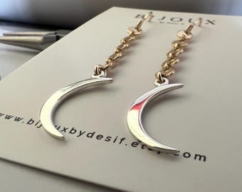 Sterling Silver Crescent Moon Earrings: Gold Filled Chain Dangle