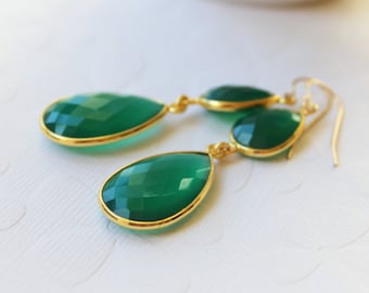 Emerald Green Onyx Earrings - Bezel Set....LIMITED EDITION