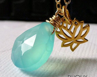 Lotus Flower and Aqua Blue Chalcedony Gold Necklace