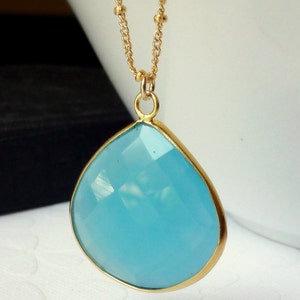 Aqua Blue Chalcedony Bezel Set Pendant Necklace 14K Goldfilled Beaded Chain image 1