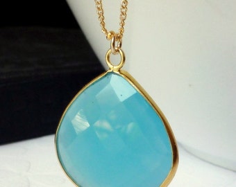 Aqua Blue Chalcedony Bezel Set Pendant Necklace -  14K Goldfilled Beaded Chain